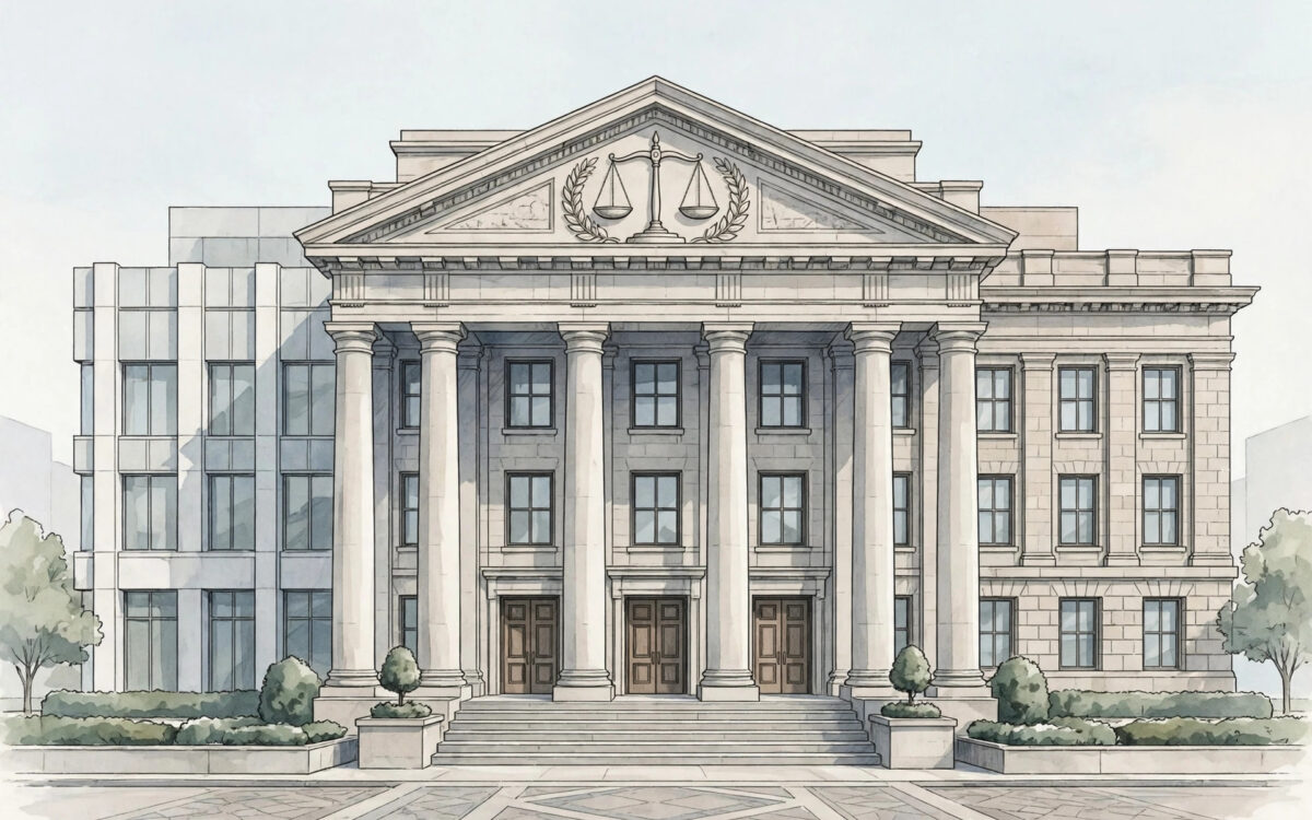 A courthouse facade with a scales of justice symbol.