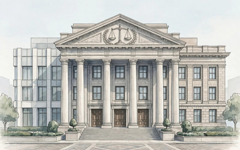 A courthouse facade with a scales of justice symbol.
