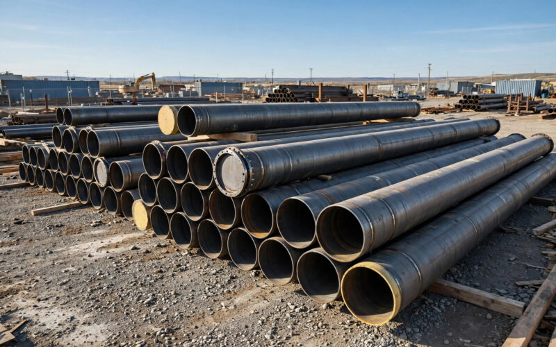 Steel gas pipeline sections at an industrial construction site.