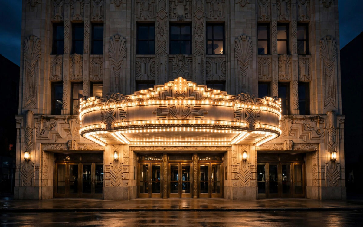 A cinema facade with glowing marquee lights at night.