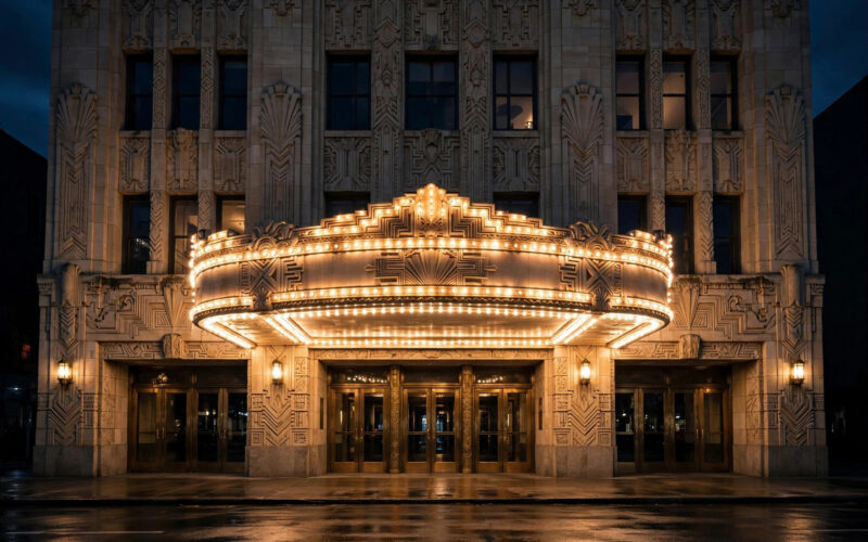 A cinema facade with glowing marquee lights at night.
