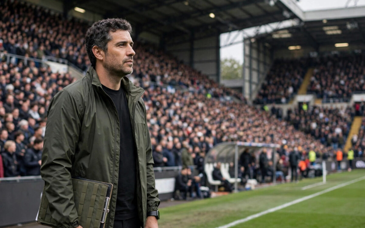 Illustration of a football head coach on the touchline at a packed stadium
