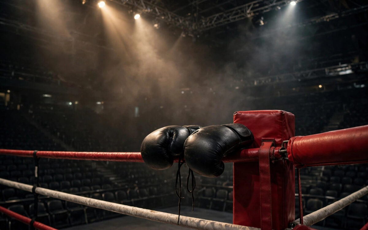 A boxing ring under arena lights ahead of the Asian Games semifinal bouts.