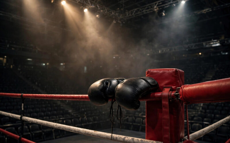 A boxing ring under arena lights ahead of the Asian Games semifinal bouts.