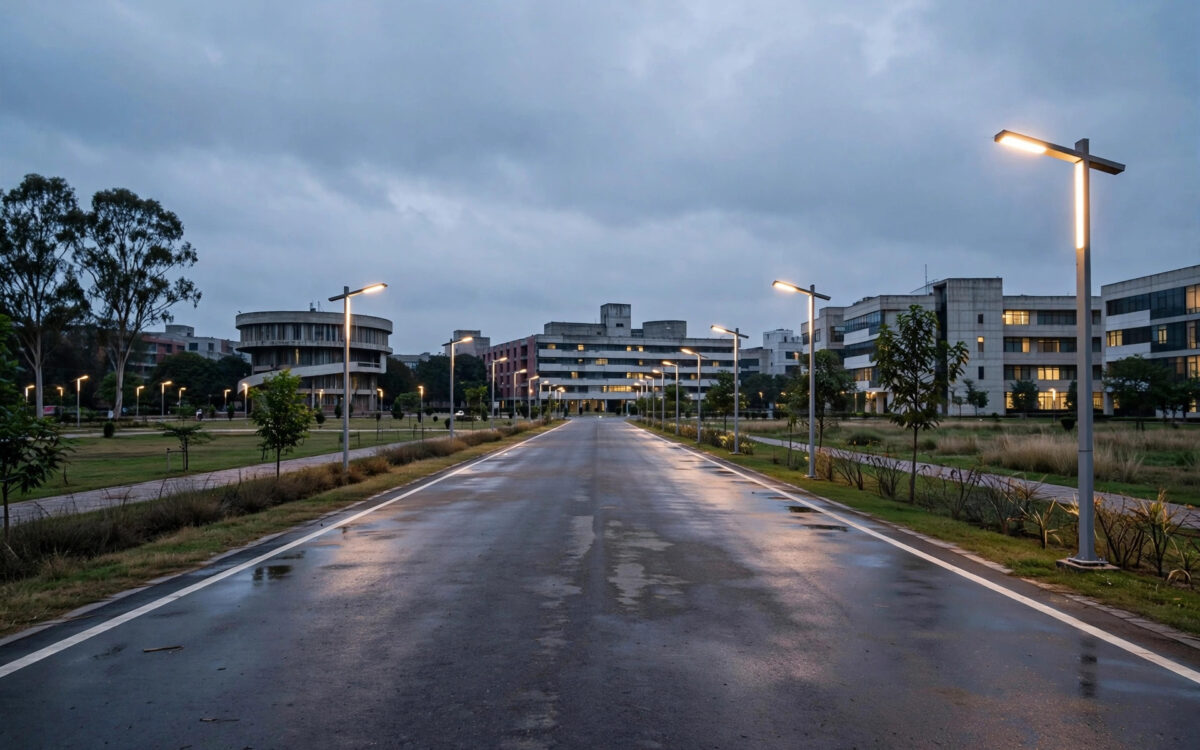 An empty road leading into a modern university campus at dusk with glowing street lamps and academic buildings in the distance.