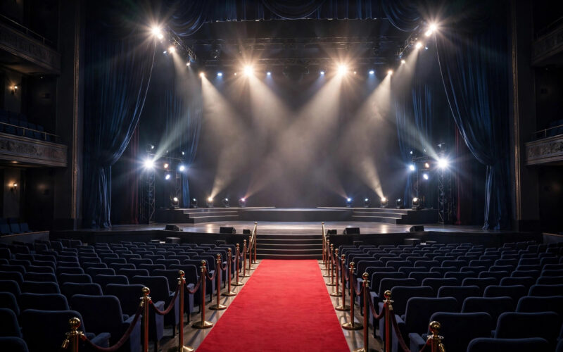 A brightly lit awards-show stage with a red carpet.