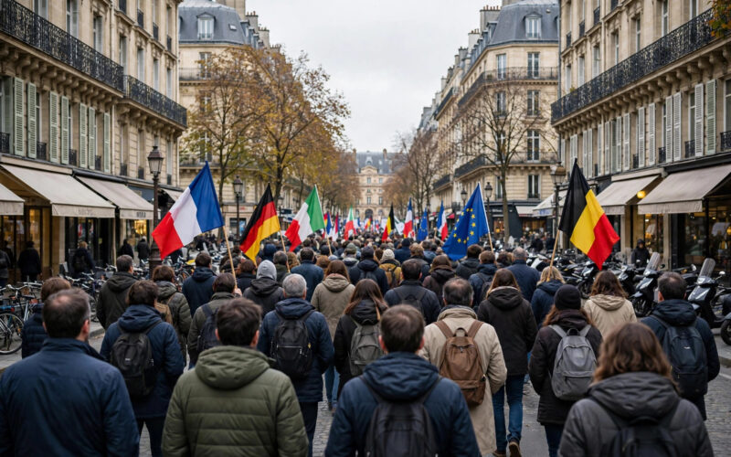 A large protest march moving through a Madrid street with flags.