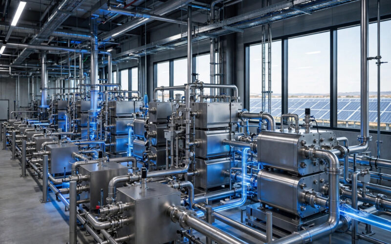 Electrolyser units and steel piping inside a modern green hydrogen pilot plant with solar panels visible through tall windows.
