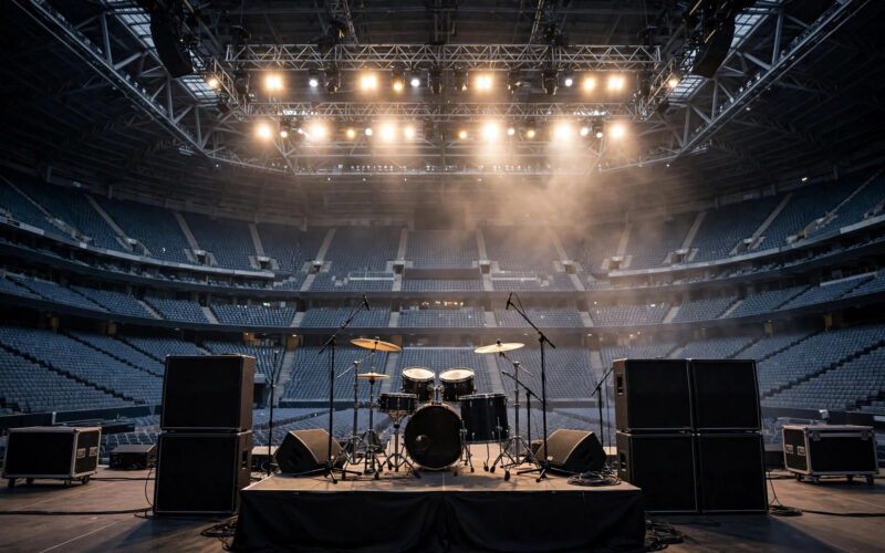 An empty stadium stage with drums and amplifiers.