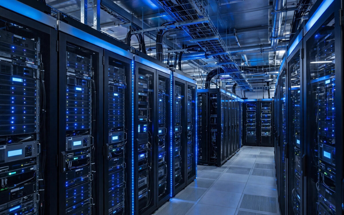 Rows of server racks inside a modern data center.