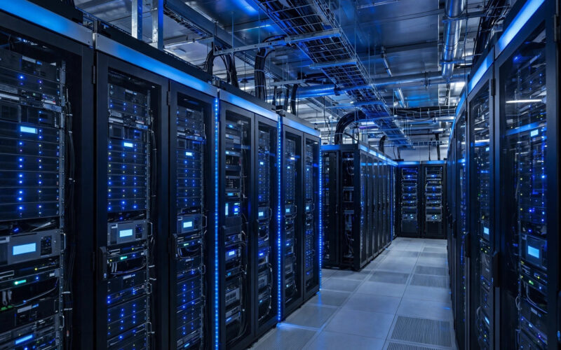 Rows of server racks inside a modern data center.
