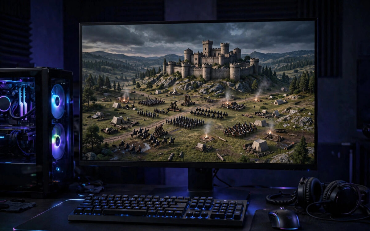 A gaming PC screen showing a medieval strategy game battlefield in a dark studio, no people