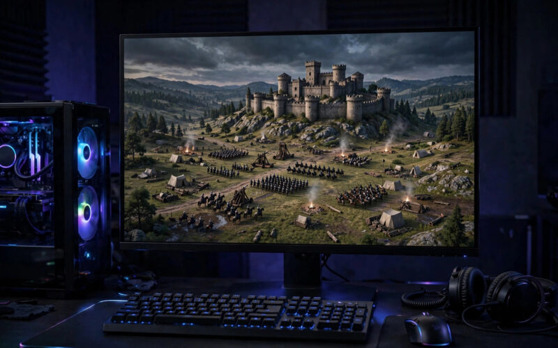 A gaming PC screen showing a medieval strategy game battlefield in a dark studio, no people