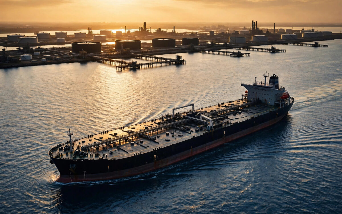 A massive oil tanker sailing past an industrial oil terminal at golden hour.