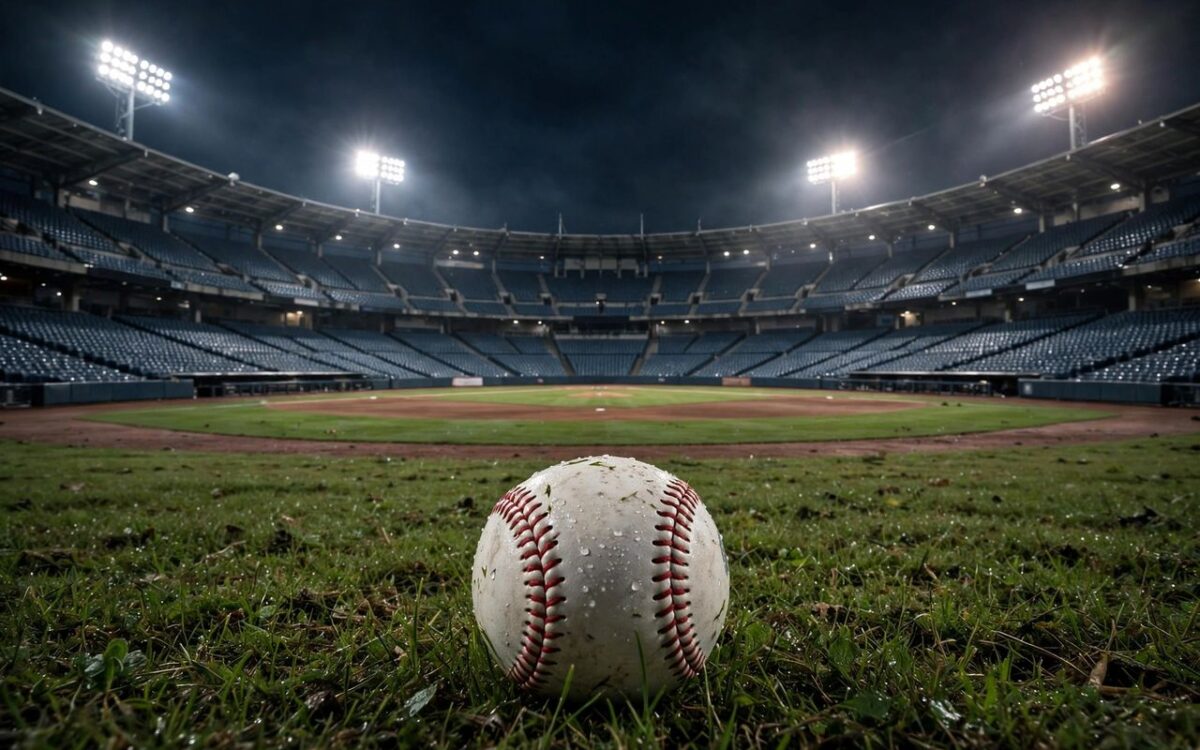 Baseball stadium filled with fans during a night game under bright lights