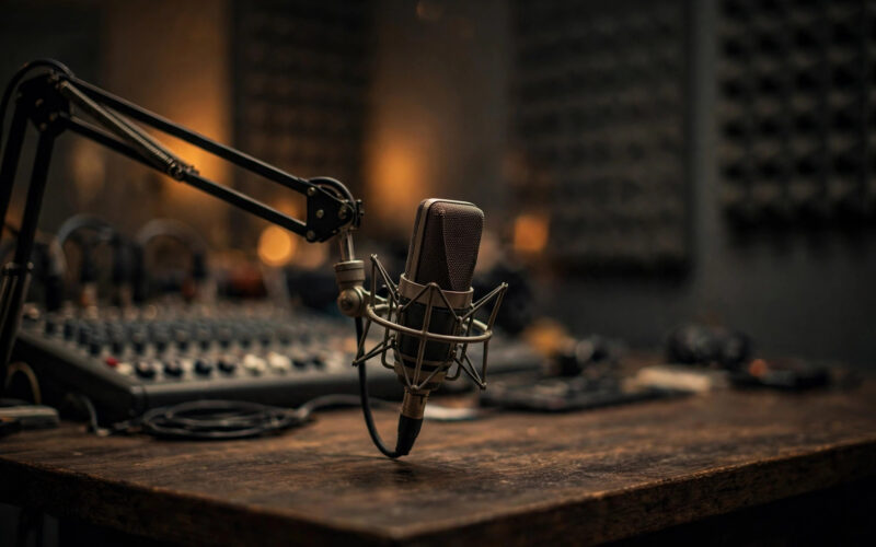 A classic studio microphone on a broadcast desk in a warmly lit radio studio, evoking the Mann Ki Baat radio broadcast.
