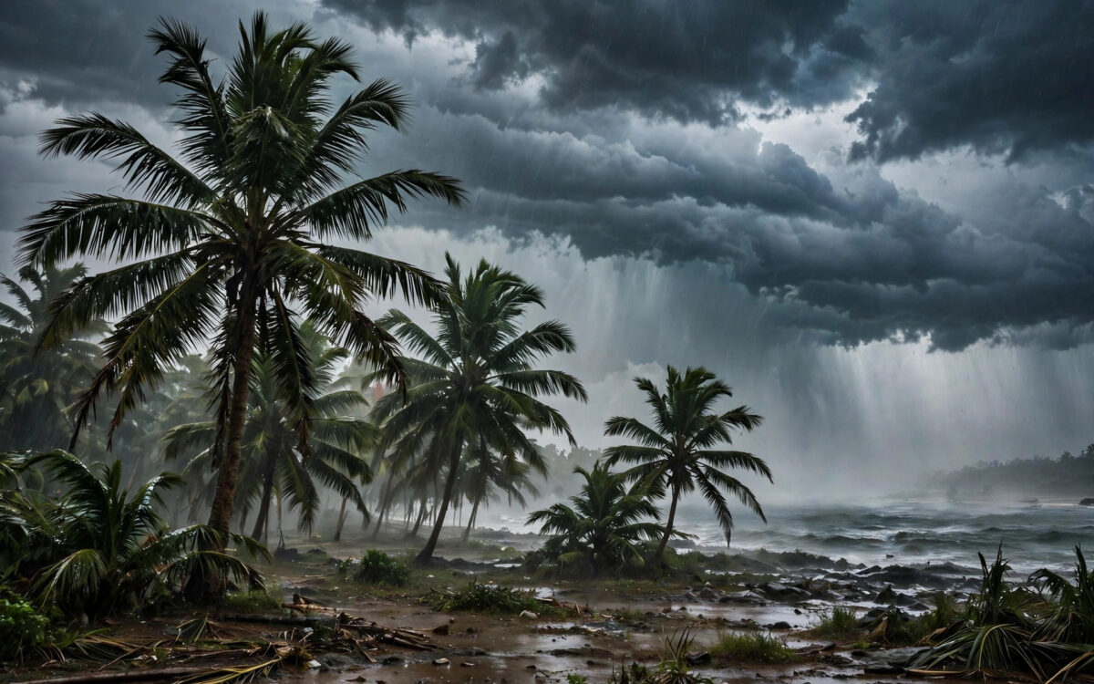 Monsoon clouds gathering over rain-soaked palm trees.