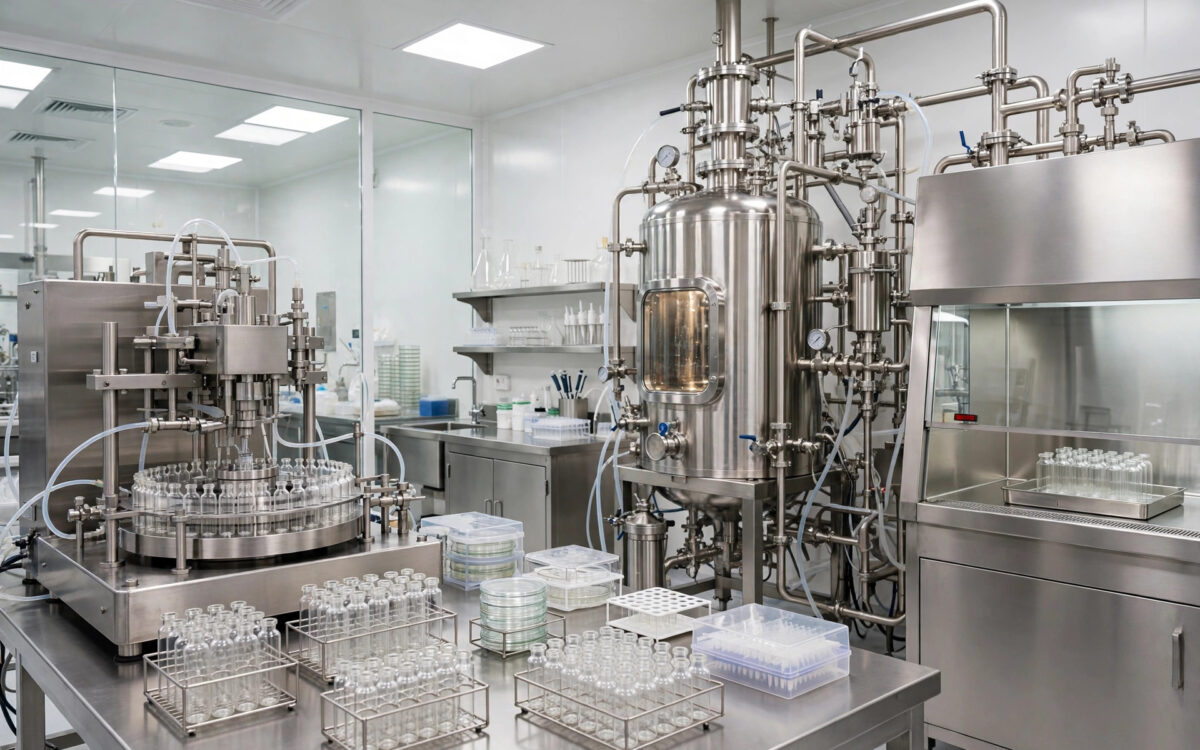 Glass vials and production equipment inside a pharmaceutical plant.