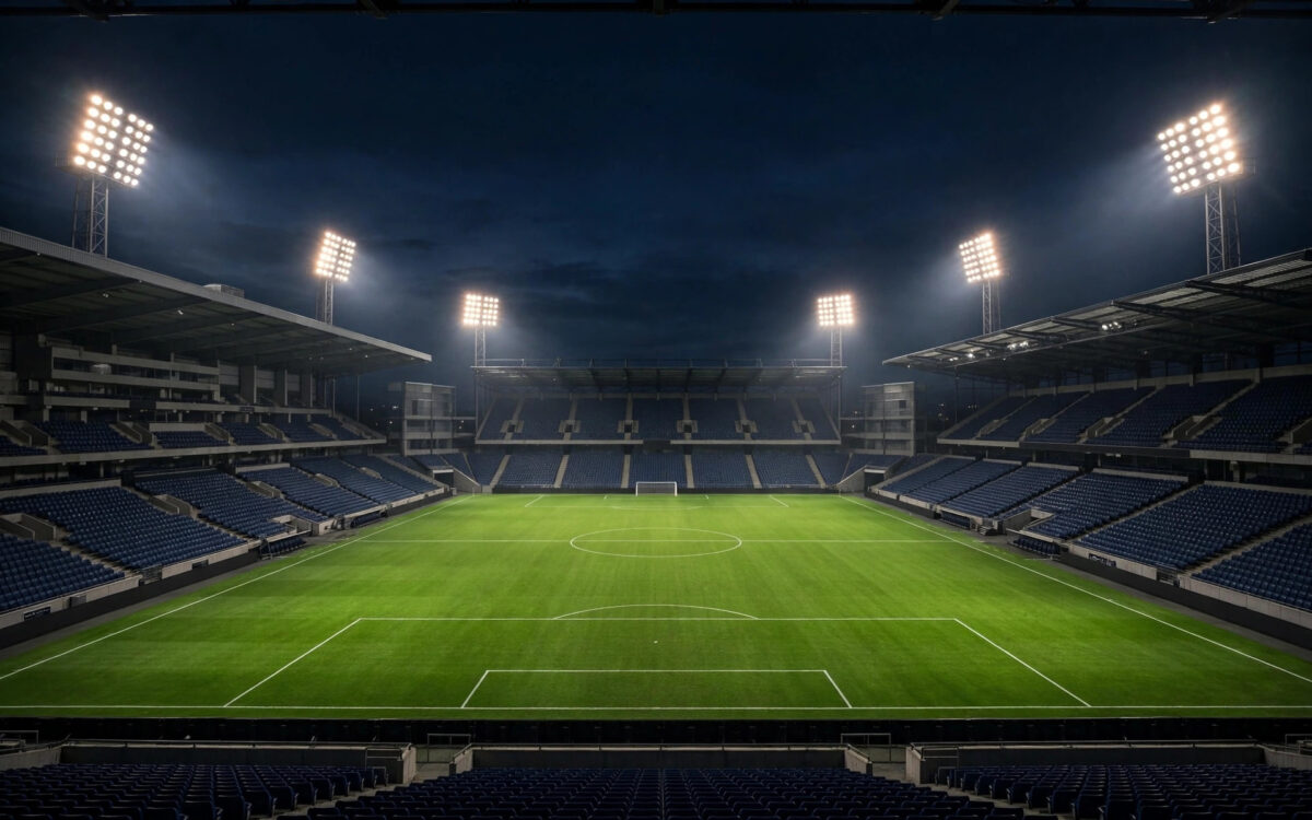 Night-time football stadium with floodlights over an empty pitch