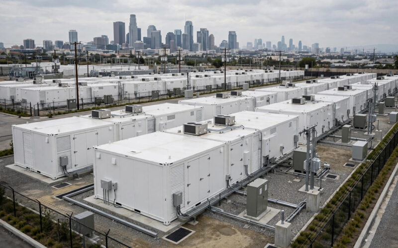 Industrial battery storage units at an urban clean-energy site with a city skyline