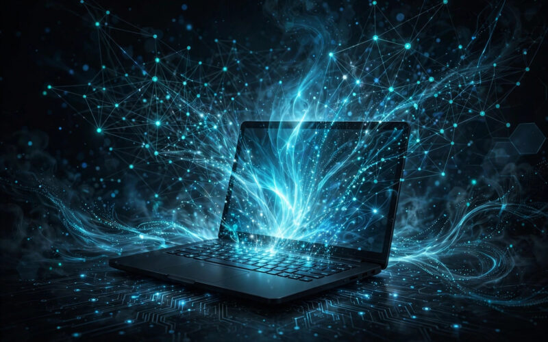 Laptop with abstract code streams and network nodes suggesting malware analysis