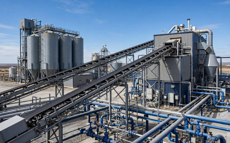 An industrial iron ore pellet plant with conveyor belts and pipelines.