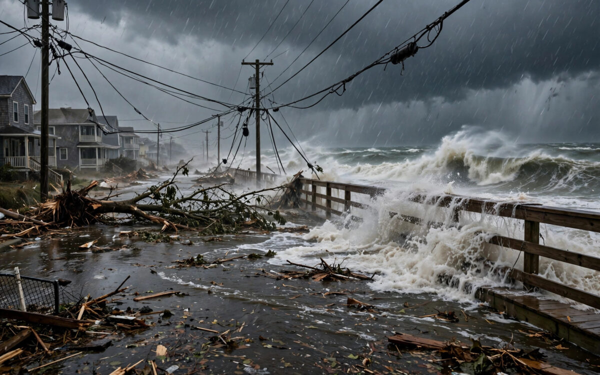 Giant wind-blown waves crashing over an empty flooded beach street under a dark storm sky.