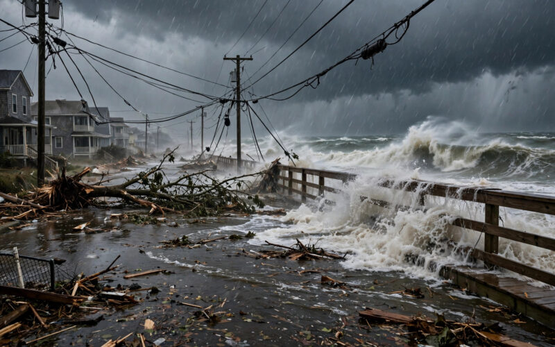 Giant wind-blown waves crashing over an empty flooded beach street under a dark storm sky.