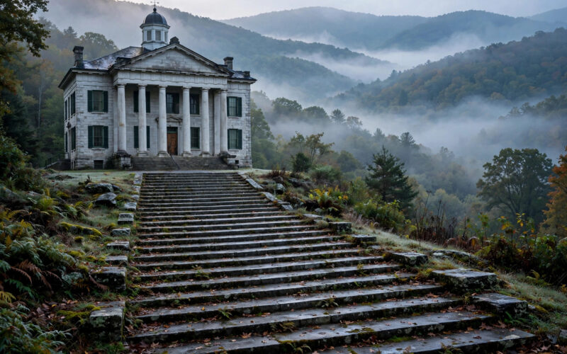 A county courthouse with white stone columns in the misty Blue Ridge mountains at dawn.