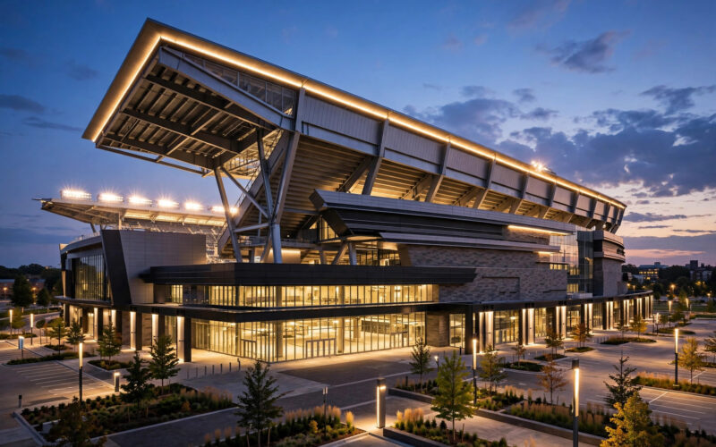 A modern college football stadium glowing at dusk.