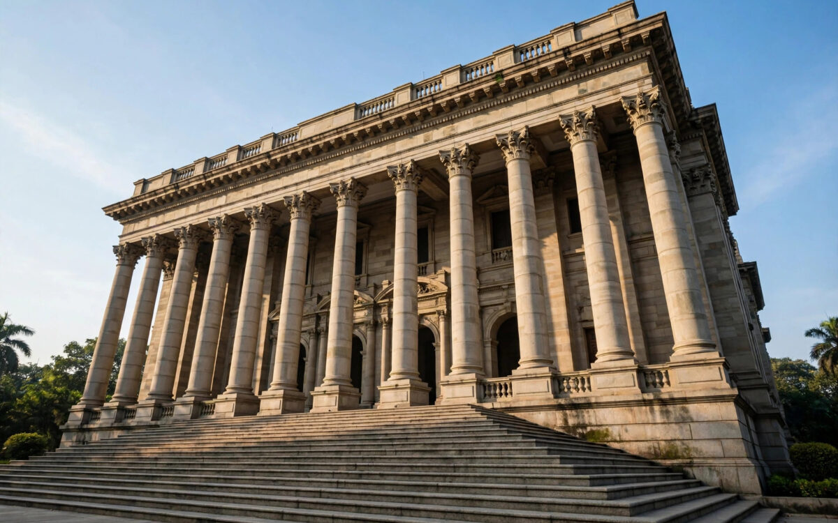 The neoclassical facade of a central bank building with tall columns under a clear blue sky.