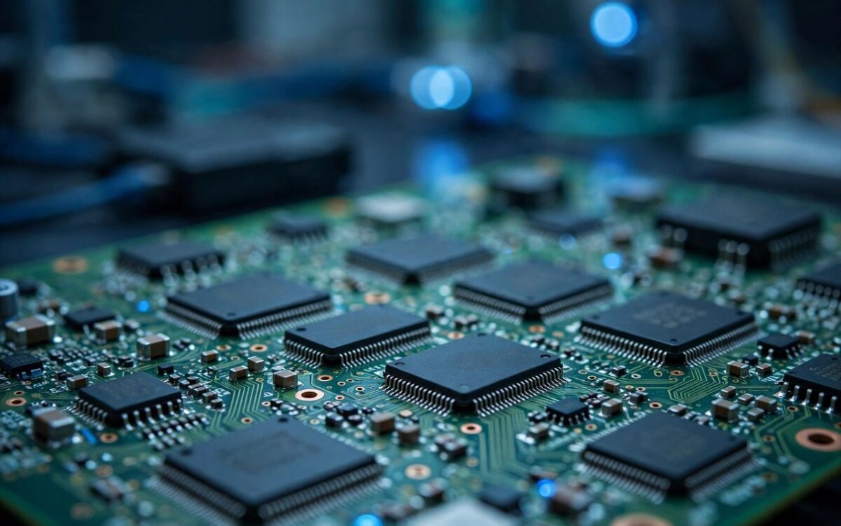 Computer chips mounted on green circuit board representing AI hardware security