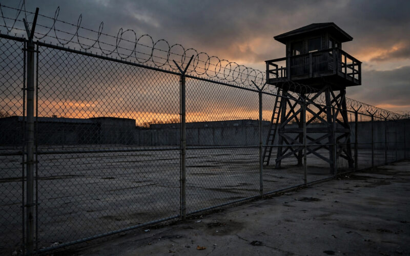 A prison perimeter fence with barbed wire and a watchtower silhouetted at dusk.
