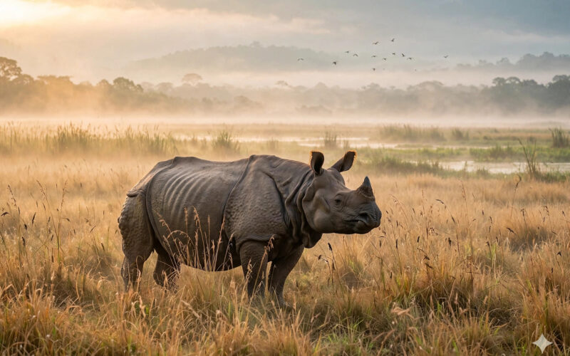A greater one-horned Indian rhinoceros standing in tall golden grasslands at sunrise.