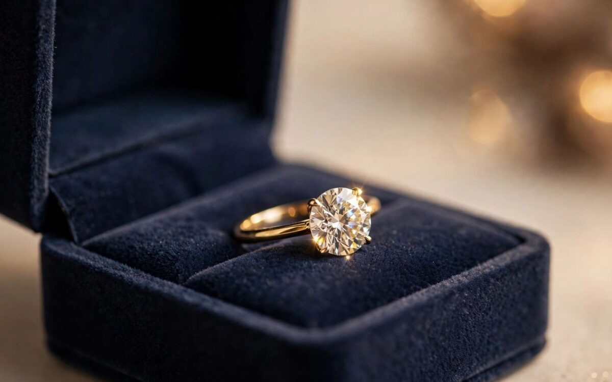 Sparkling diamond ring displayed against a soft jewellery-box background