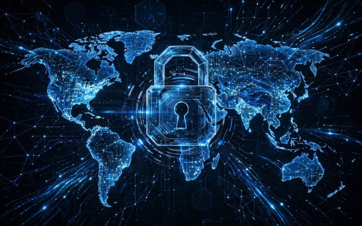 Digital world map glowing on dark screen with cybersecurity padlock overlay
