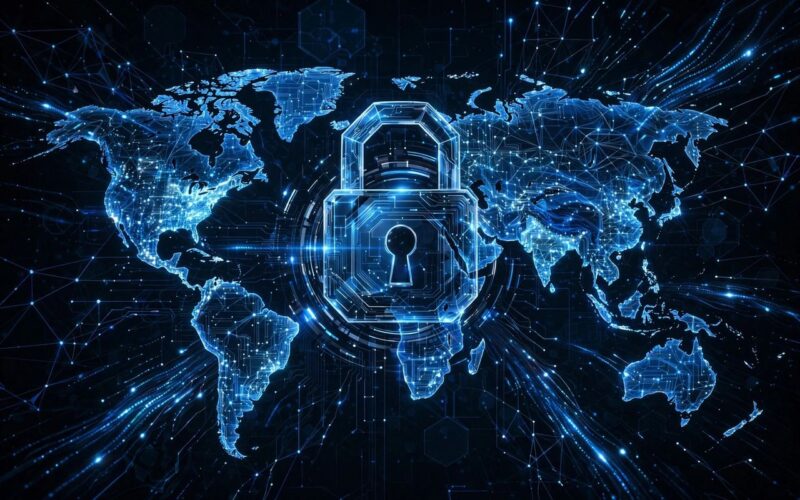 Digital world map glowing on dark screen with cybersecurity padlock overlay