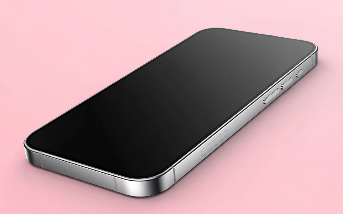 A modern smartphone with a sleek metallic finish on a pastel background.