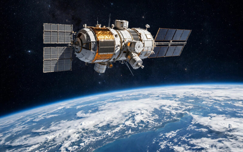 A space station module orbiting above Earth.