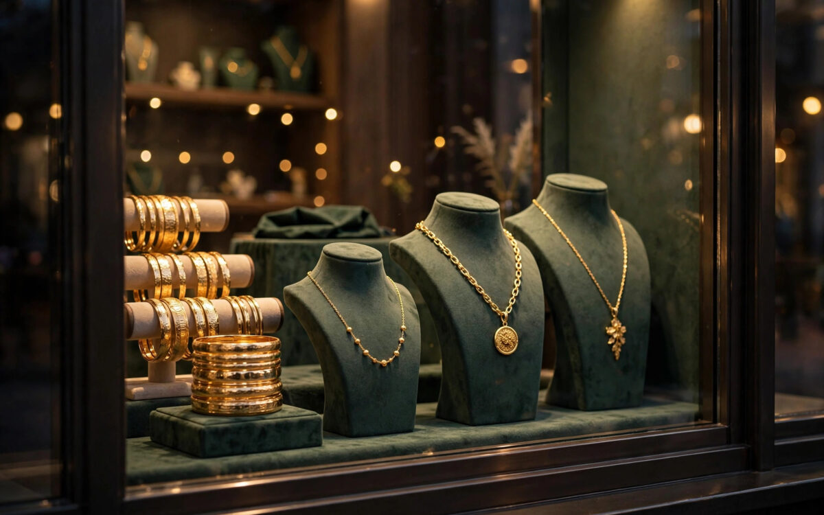 Gold jewellery displayed in a brightly lit storefront window.