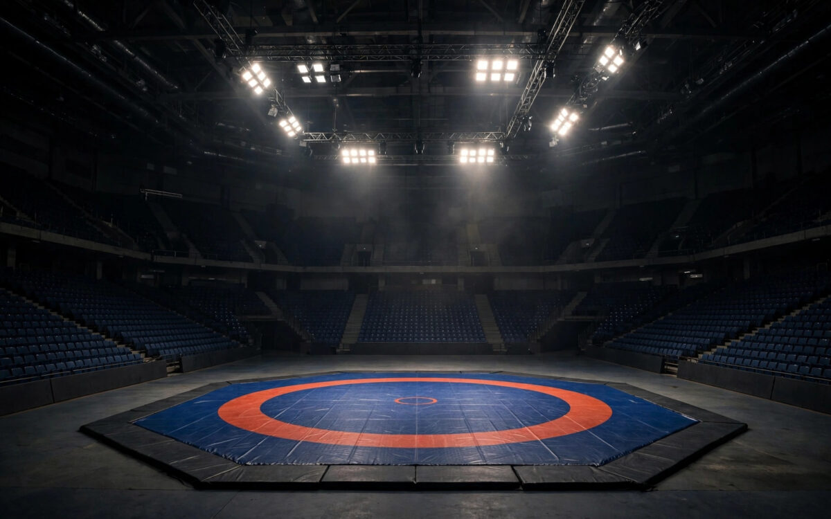 An empty upright-wrestling competition mat inside a large sports arena under dramatic overhead lights.