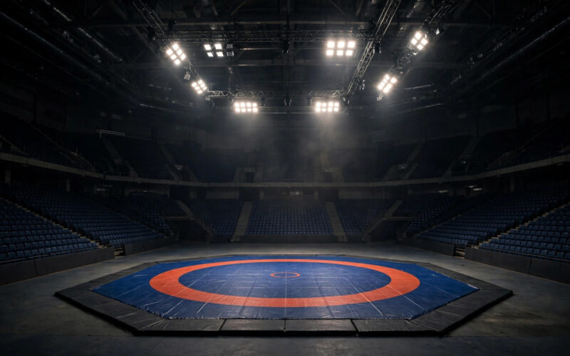An empty upright-wrestling competition mat inside a large sports arena under dramatic overhead lights.
