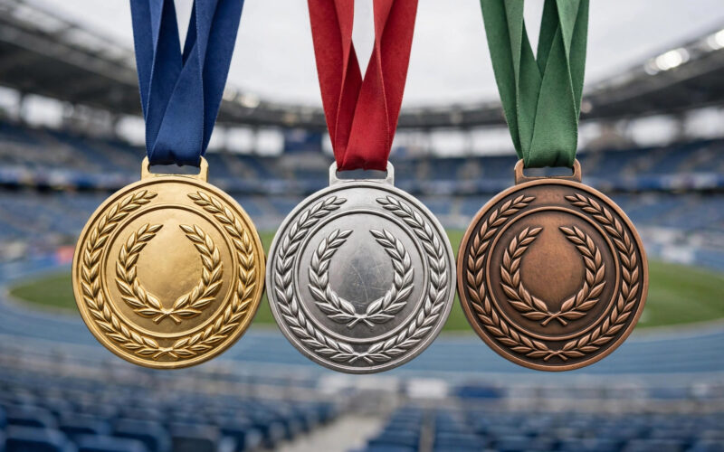 Gold, silver and bronze medals displayed on ribbons.