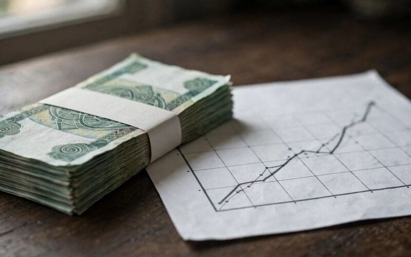 Indian currency notes beside a rising financial chart, symbolising an interest rate decision
