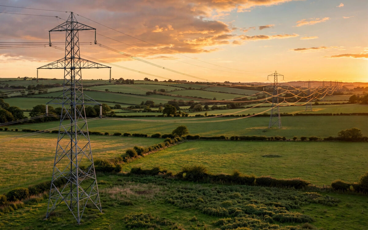 High-voltage transmission towers crossing green fields at sunset.