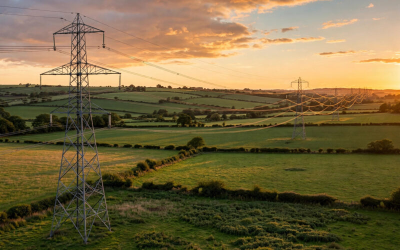 High-voltage transmission towers crossing green fields at sunset.