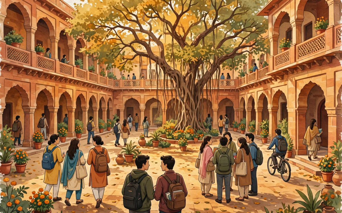 Stylised illustration of a lively Indian college campus courtyard with students