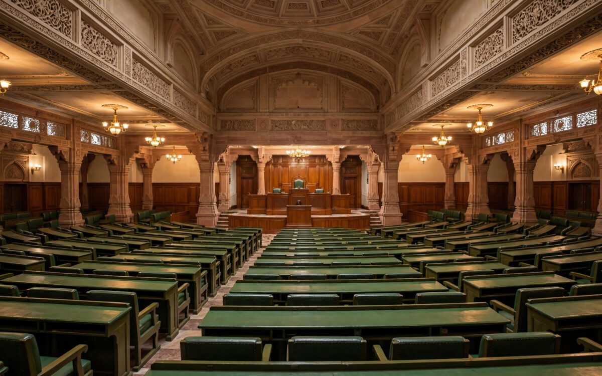 The empty interior of a legislative assembly chamber with rows of green desks facing the speaker's dais.