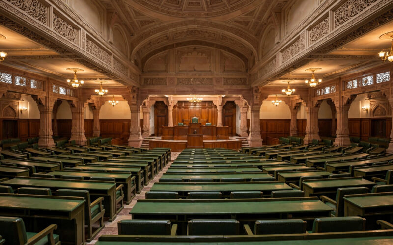 The empty interior of a legislative assembly chamber with rows of green desks facing the speaker's dais.