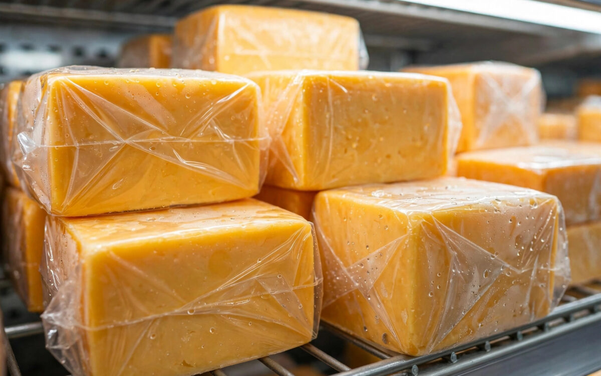 Blocks of wrapped cheddar cheese displayed on a grocery store shelf.